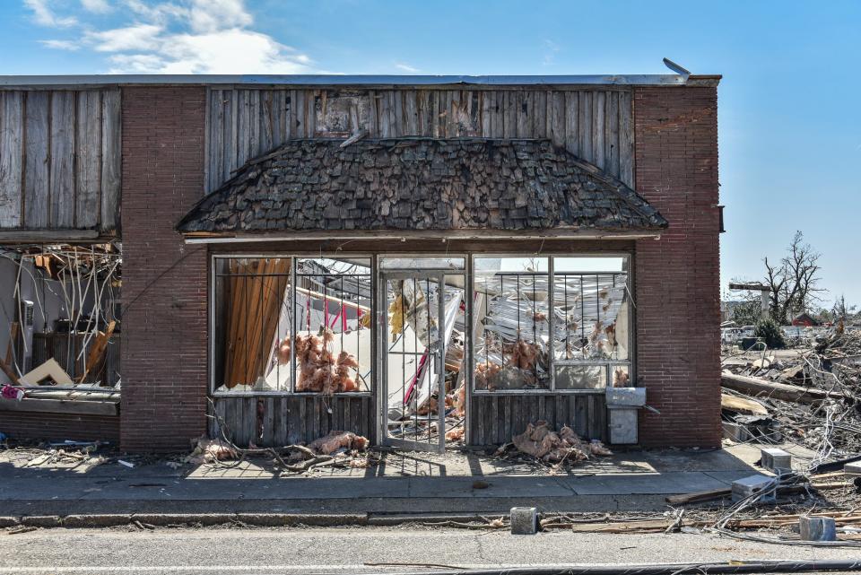 A now-empty store is seen following Friday's deadly tornado in Rolling Fork, Miss., Sunday, March 26, 2023.