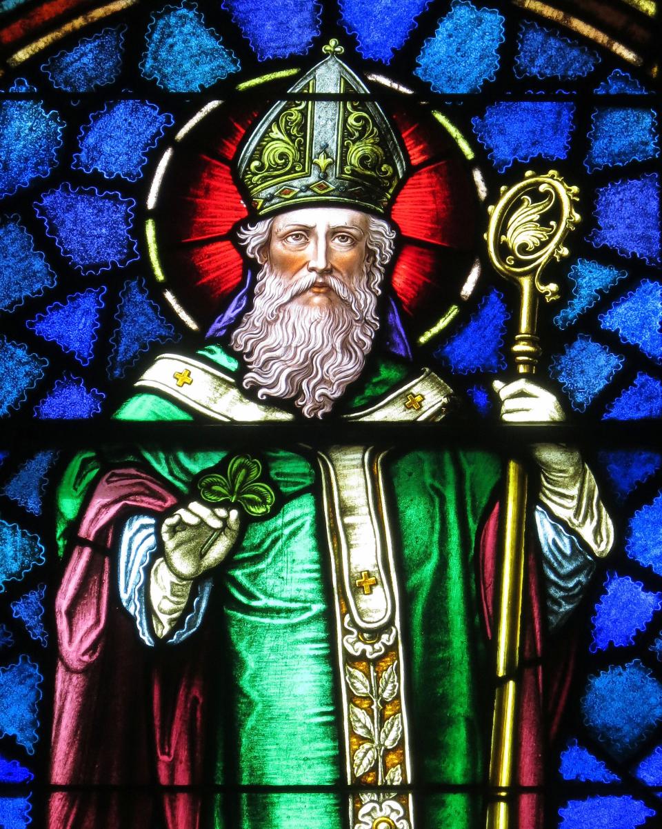 A stained-glass window at Saint Patrick Catholic Church in Junction City, Ohio, depicts Saint Patrick.