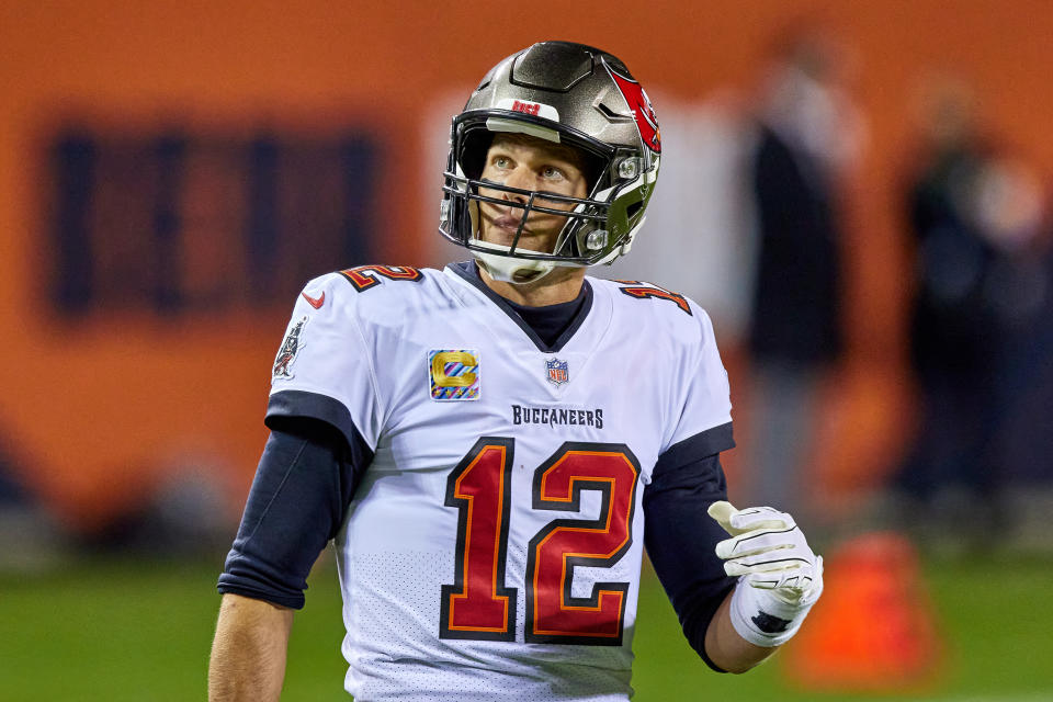 Tom Brady (12) looks on in game action during a NFL game between the Chicago Bears and the Tampa Bay Buccaneers on October 8th, 2020, at Soldier Field in Chicago, IL. (Photo by Robin Alam/Icon Sportswire via Getty Images)