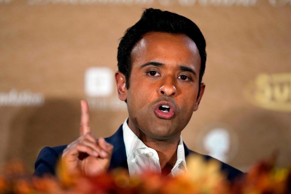 PHOTO: Republican presidential candidate businessman Vivek Ramaswamy speaks during the Family Leader's Thanksgiving Family Forum, Nov. 17, 2023, in Des Moines, Iowa.  (Charlie Neibergall/AP)