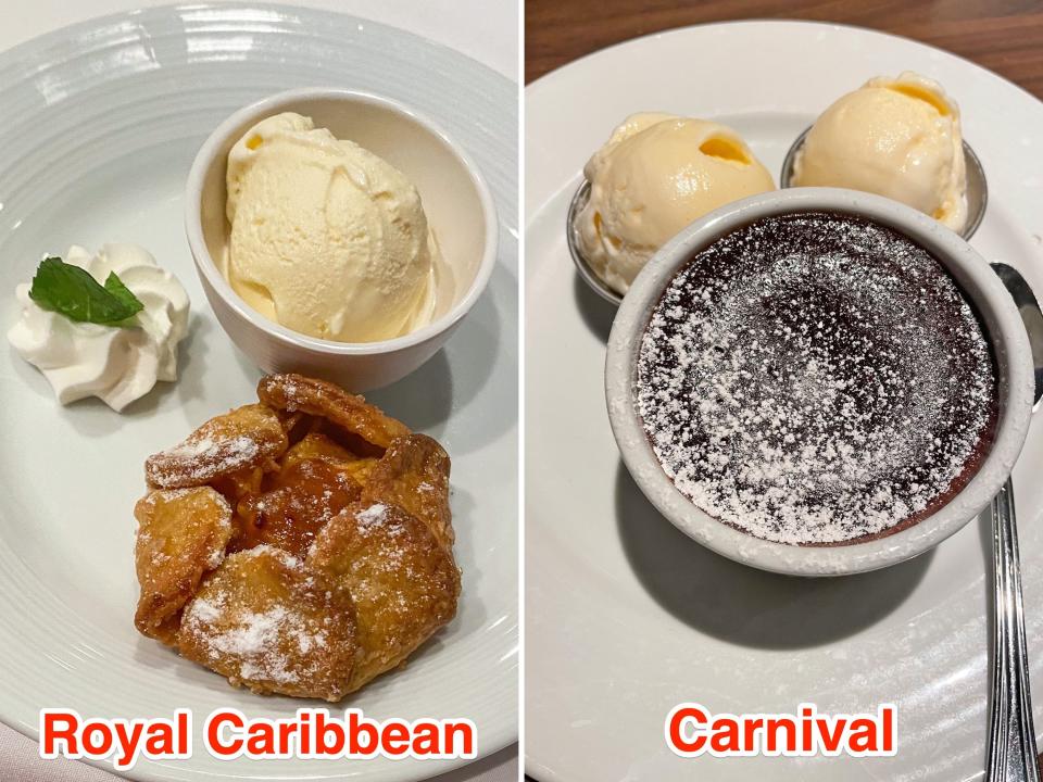 Desserts from Royal Caribbean (L) and Carnival (R) main dining room