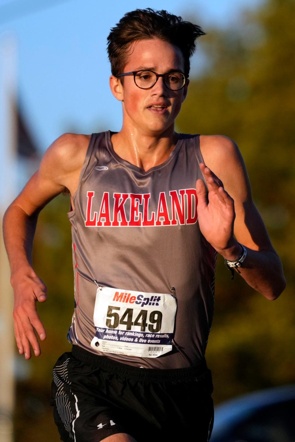 Owen Horevay (5449), of Lakeland, is shown as he approaches the finish line, of the Passaic County Boys Cross Country Championship race, at Garret Mountain Reservation, at Woodland Park. Horevay won with a time of 16:12. Thursday, October 20, 2022