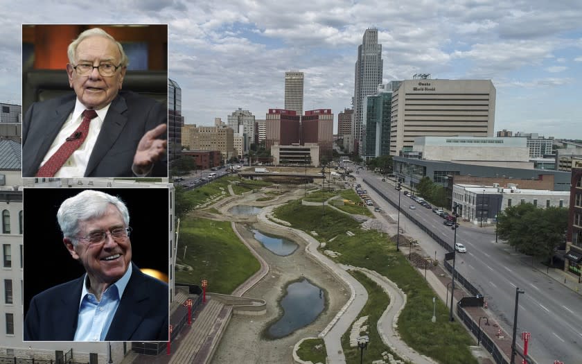 Warren Buffett, top inset, is a folksy son of Omaha, Neb., while Charles Koch hails from Wichita, Kan. Pictured is downtown Omaha.