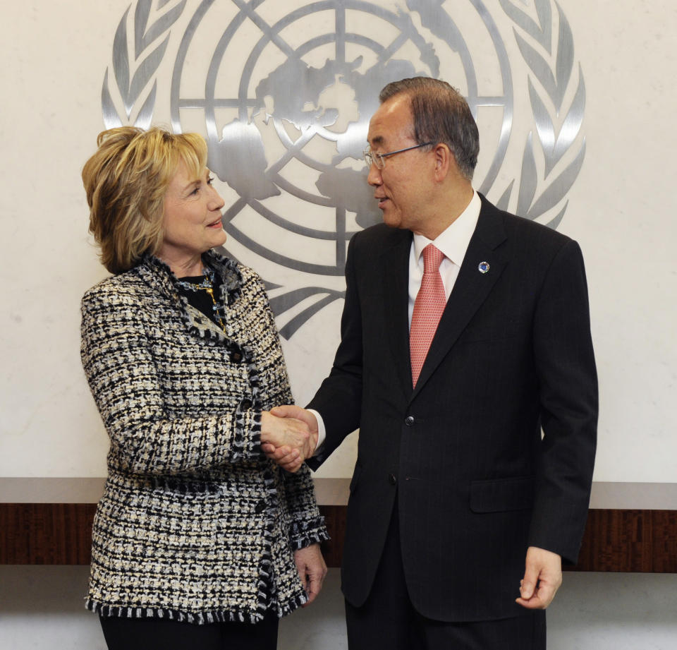 In this photo provided by the United Nations, former U.S Secretary of State, Hillary Rodham Clinton, left, meets with United Nations Secretary General Ban Ki-moon at United Nations Headquarters, Tuesday, Feb. 4, 2014. (AP Photo/United Nations, Evan Schneider)