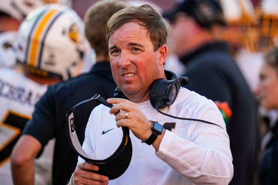 Nov 4, 2023; Athens, Georgia, USA; Missouri Tigers head coach Eliah Drinkwitz on the field during the game against the Georgia Bulldogs during the first half at Sanford Stadium. Mandatory Credit: Dale Zanine-USA TODAY Sports