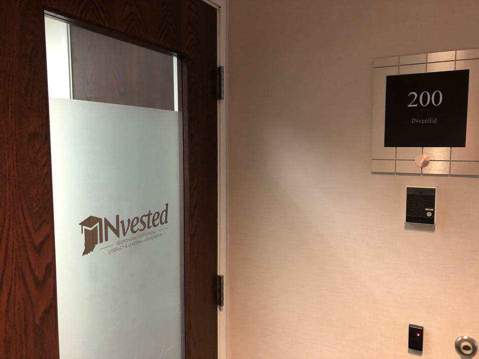 This June 1, 2021, photo shows the entrance to the INvestED offices in Carmel, Ind. The little-known Indiana state agency has been tapped to oversee a new program helping workers obtain short-term training certifications that received $75 million from the state's federal COVID-19 relief funding despite receiving little public discussion and few details on the money would be spent. (AP Photo/Tom Davies)