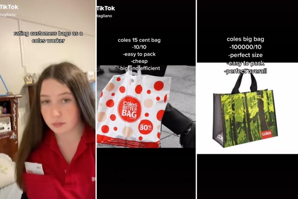 Coles staffer rates several shopping bags on TikTok.