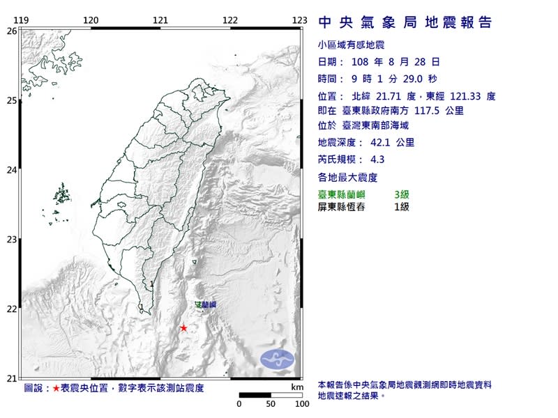 28日9時1分發生芮氏規模4.3地震，最大震度台東縣3級。（擷取自中央氣象局網站）