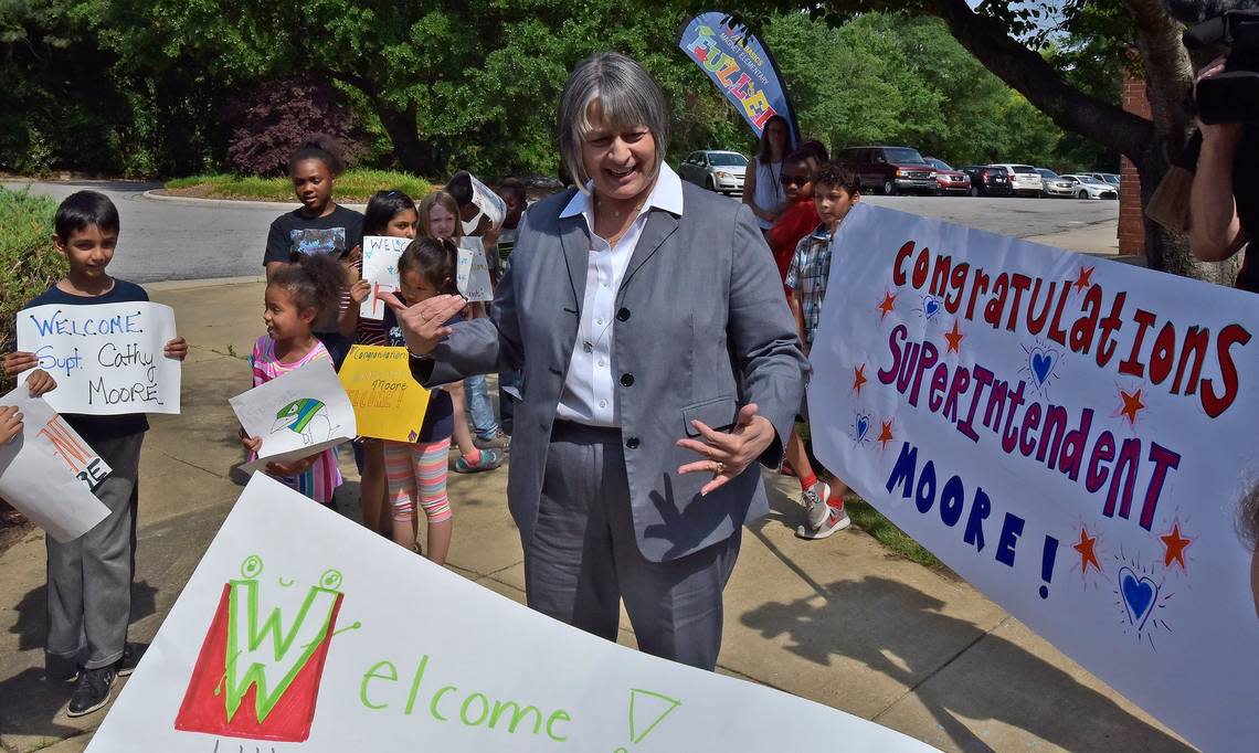 Catty Moore is greeted by students and faculty at Fuller Elementary School in Raleigh on May 24, 2018 after just being named Wake County superintendent.
