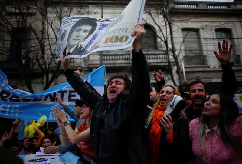 FILE PHOTO: Argentine presidential candidate Javier Milei holds a campaign rally in La Plata