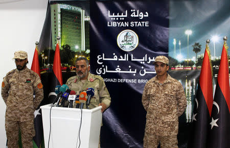 Benghazi Defence Brigades leader Mustafa al-Sharksi attends a news conference, Libya, March 6, 2017. REUTERS/Stringer