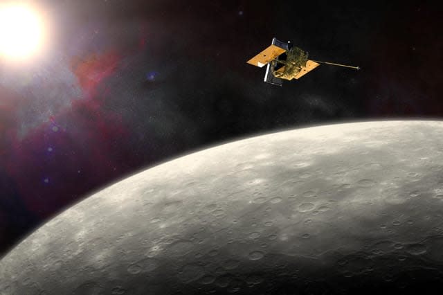 Undated NASA handout photo of an artistï¿½s impression of the Messenger probe orbiting Mercury as the American spacecraft is due to smash into the planet after running out of fuel, bringing a dramatic end to its four year mission. PRESS ASSOCIATION Photo. Issue date: Thursday April 30, 2015. The Messenger probe launched in 2004 has gathered a wealth of scientific data since it began orbiting the planet on March 18, 2011. It has also beamed back stunning images of the heavily cratered scorched world, the smallest and closest planet to the sun where daytime temperatures can reach 427C. The 500 kilogram spacecraft is set to plunge onto the planet's surface at 8,750 miles per hours, creating a sizeable crater of its own. But the impact will be an anticlimax for observers from Earth, since it will occur on the far side of the planet. The American space agency Nasa will only be able to confirm that the crash has taken place when the probe fails to appear from behind the planet hours later. See PA story SCIENCE Messenger. Photo credit should read: JHU APL/Carnegie Institution of Washington/NASA/PA WireNOTE TO EDITORS: This handout photo may only be used in for editorial reporting purposes for the contemporaneous illustration of events, things or the people in the image or facts mentioned in the caption. Reuse of the picture may require further permission from the copyright holder.