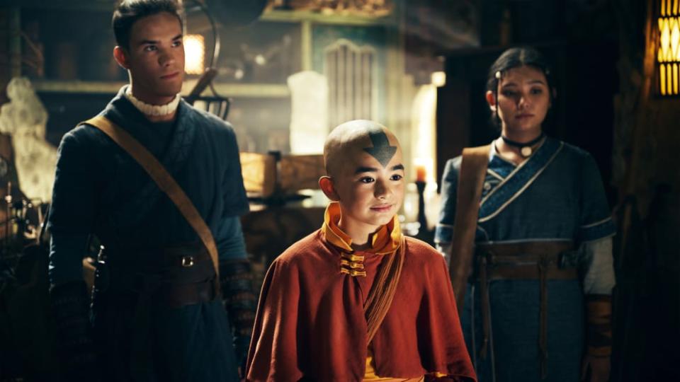 A photo including  Ian Ousley as Sokka, Gordon Cormier as Aang, Kiawentiio as Katara in the series Avatar: The Last Airbender on Netflix