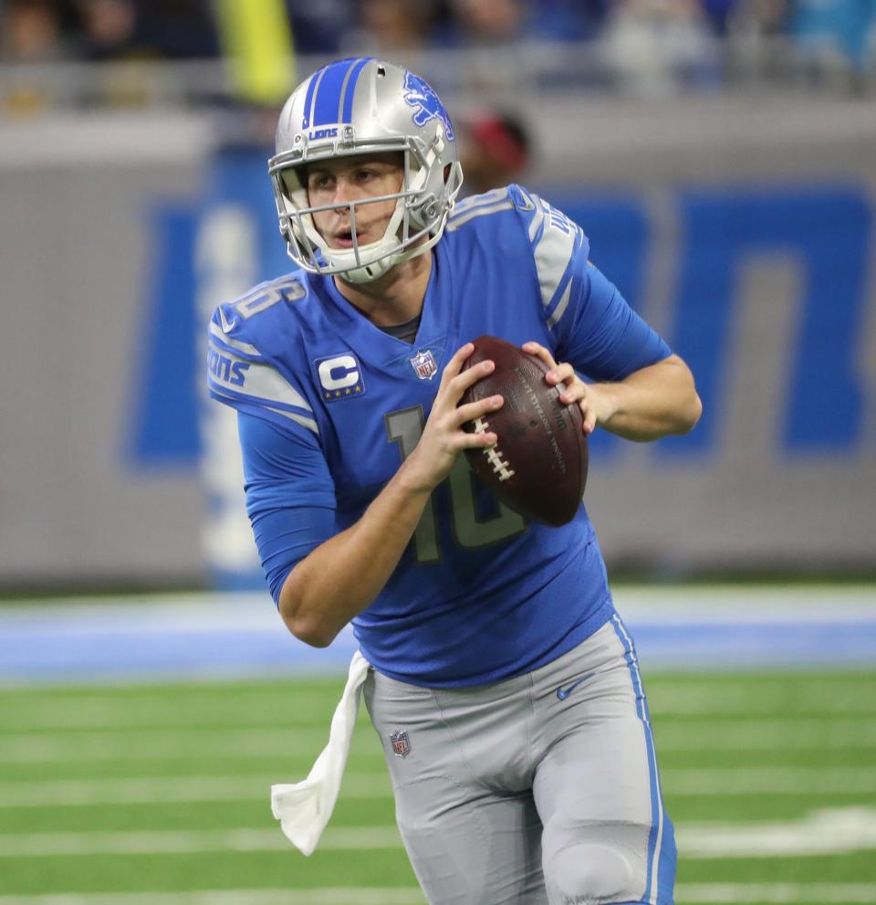 Lions quarterback Jared Goff warms up before the game against the Cardinals on Sunday, Dec. 19, 2021, at Ford Field.
