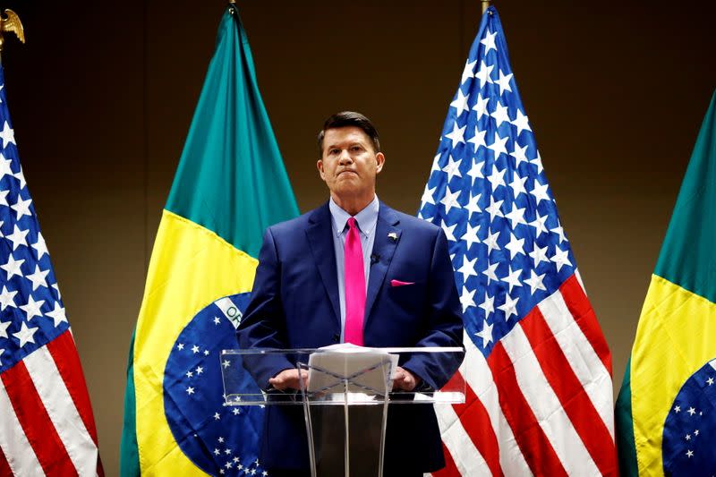 U.S Under Secretary of State for Economic Growth, Energy, and the Environment, Keith Krach speaks during a meeting with businessmen, economists and journalists