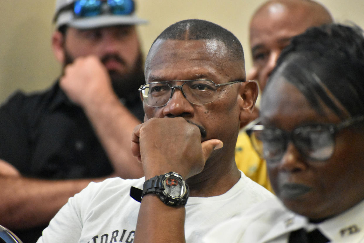 Residents who have been dealing with power outages attend a City Council meeting in Holly Springs, Miss., on Aug. 1, 2023.  (Vanessa Charlot for NBC News)