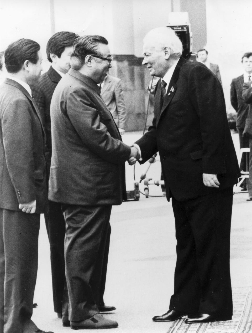 In this photo provided by the North Korean government, North Korean leader Kim Il Sung shakes hands with Konstantin Chernenko, general secretary of the Communist Party of the Soviet Union, in Moscow, Russia, on May 23, 1984. Independent journalists were not given access to cover the event depicted in this image distributed by the North Korean government. The content of this image is as provided and cannot be independently verified. Korean language watermark on image as provided by source reads: "KCNA" which is the abbreviation for Korean Central News Agency. (Korean Central News Agency/Korea News Service via AP, File)