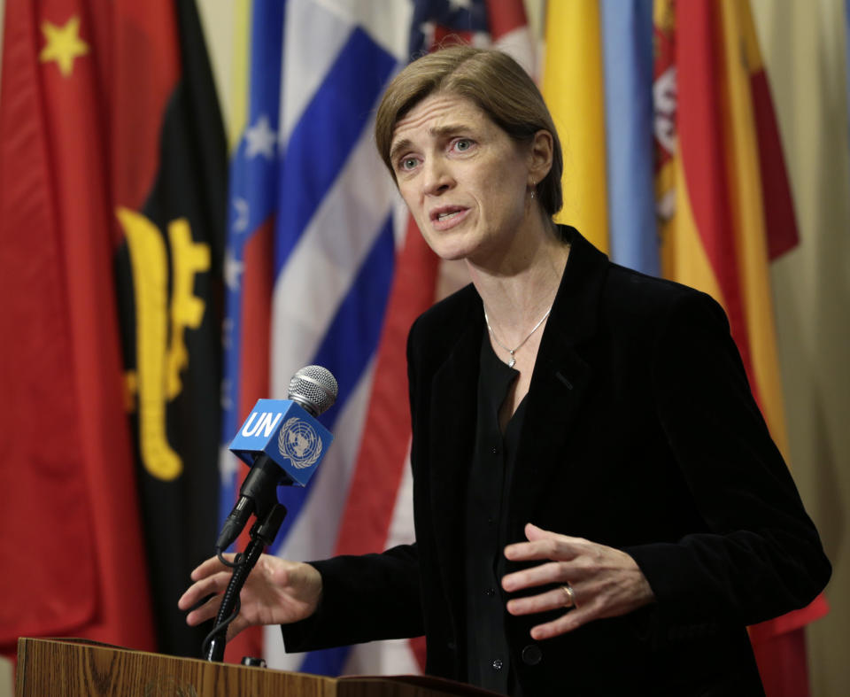 United States Ambassador to the United Nations Samantha Power speaks to reporters after a Security Council meeting at U.N. headquarters, Monday, Dec. 19, 2016. The U.N. Security Council has unanimously approved a resolution urging immediate deployment of United Nations monitors to former rebel-held eastern Aleppo, which France says is critical to prevent "mass atrocities" by Syrian forces, and especially militias. (AP Photo/Seth Wenig)