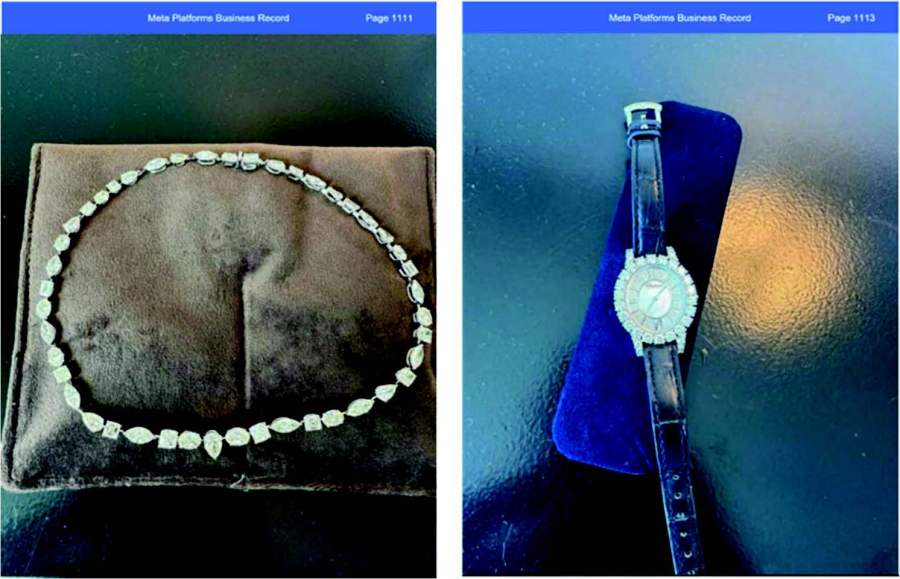 Images from the United States Department of Justice show a necklace and watch that Jobson Marangoni De Castro stole from a hotel in Beverly Hills and then sold in Miami, Florida in May 2023.