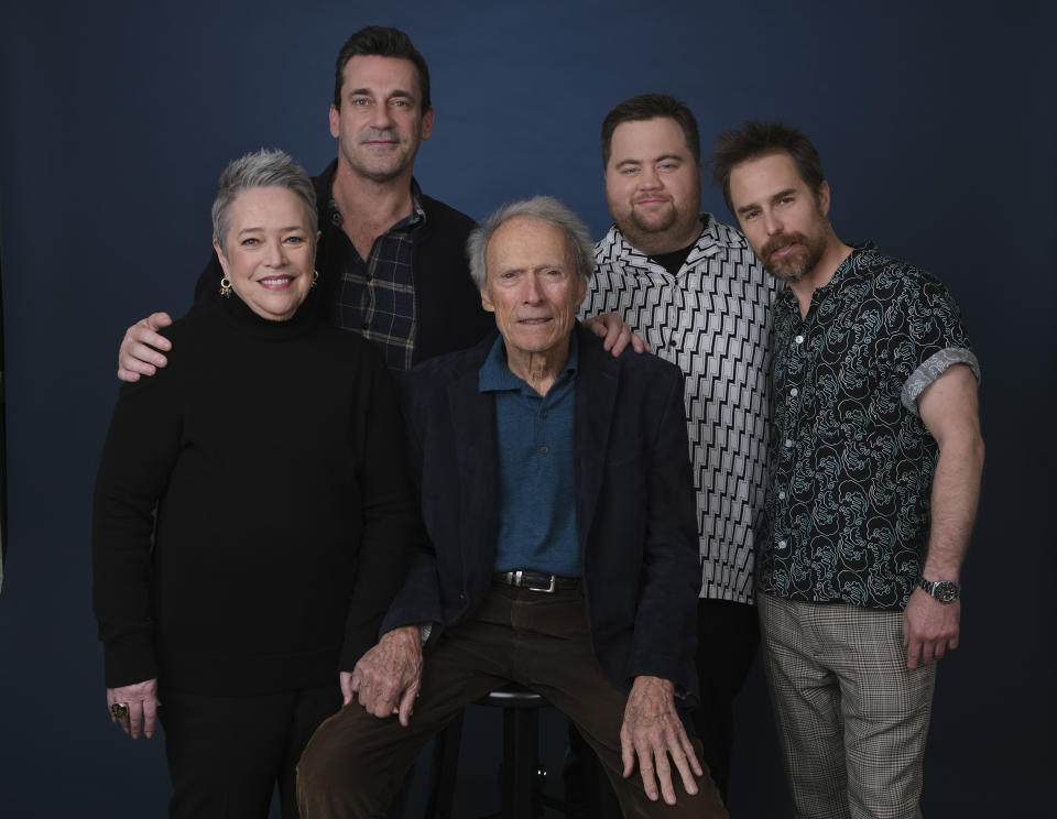 This Dec. 5, 2019 photo shows director Clint Eastwood, center, posing with cast members, from left, Kathy Bates, Jon Hamm, Paul Walter Hauser and Sam Rockwell during a portrait session to promote their film "Richard Jewell" at the Four Seasons Hotel in Beverly Hills, Calif. (AP Photo/Chris Pizzello)