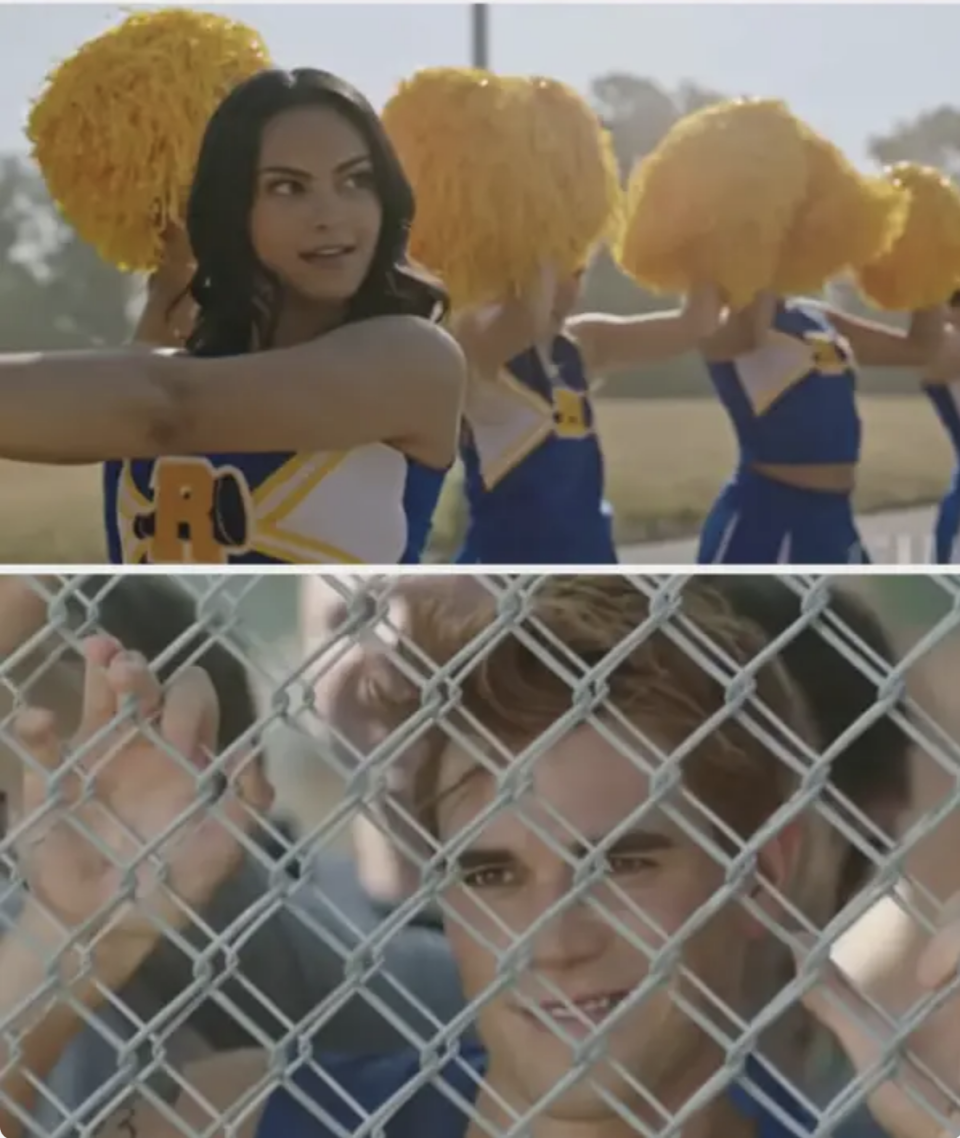 cheerleaders and then Archie looking at them from behind a fence