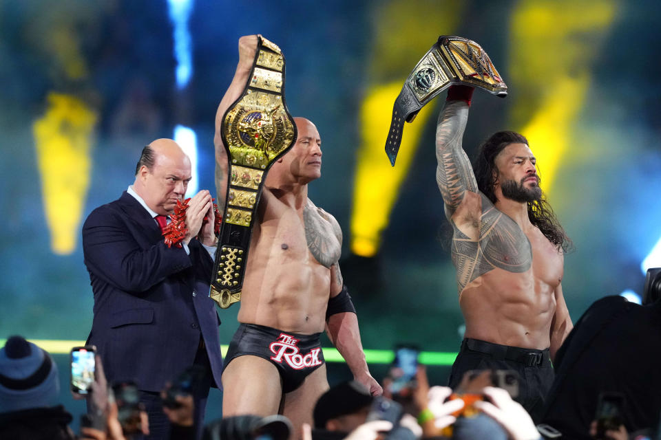 Apr 6, 2024; Philadelphia, PA, USA; The Rock & Roman Reigns vs. Cody Rhodes & Seth Rollins during Wrestlemania XL Saturday at Lincoln Financial Field. Mandatory Credit: Joe Camporeale-USA TODAY Sports