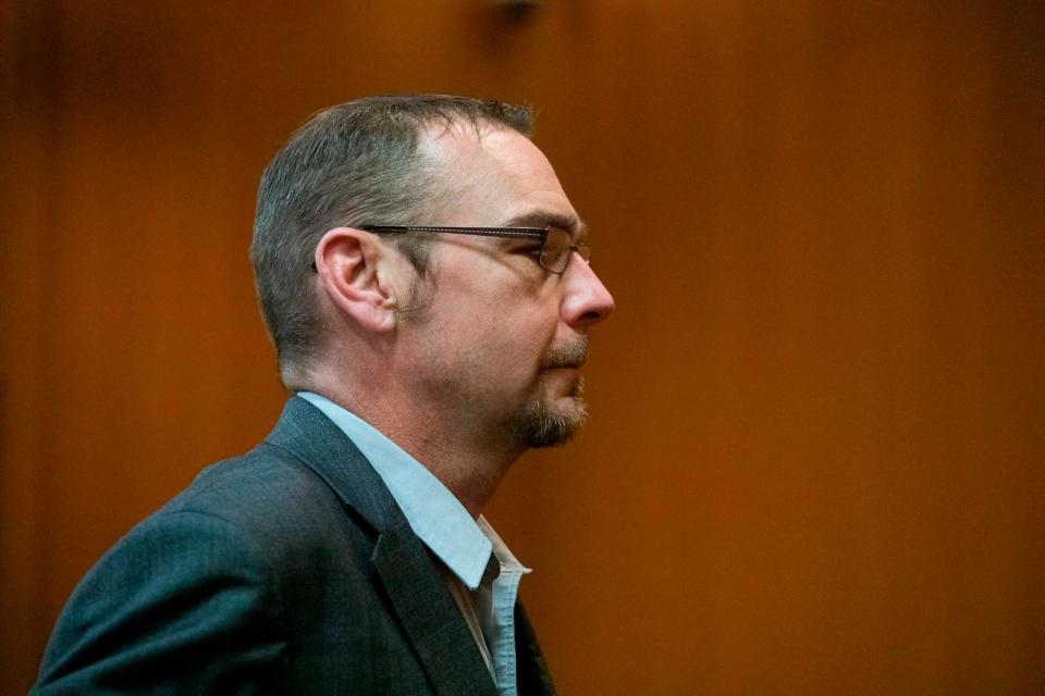 PHOTO: James Crumbley, father of Oxford High School school shooter Ethan Crumbley, exits the courtroom while the jury begins their deliberations during his trial on March 13, 2024 at Oakland County Circuit Court in Pontiac, Mich.  (Bill Pugliano/Getty Images, FILE)