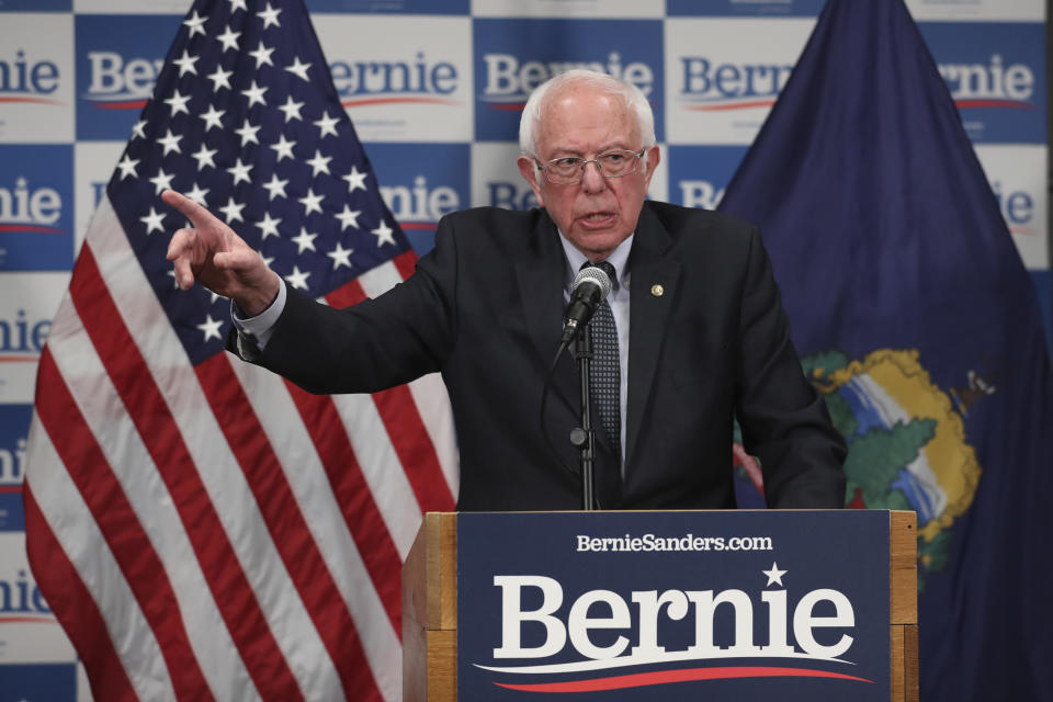 Democratic presidential candidate, Sen. Bernie Sanders, I-Vt., speaks to reporters about coronavirus Thursday March 12, 2020, in Burlington, Vt. (AP Photo/Charles Krupa)