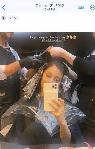 <p>Ariana Grande/Instagram</p> Ariana Grande celebrates her one-year "blondieversary."