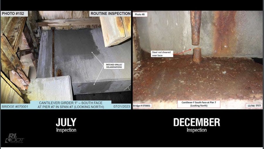A side-by-side image showing the sheared rod in the Washington Bridge. Department of Transportation officials say the photo from an inspection in July shows the rod is still intact, which the photo from the December inspection shows it has been sheared. Officials claim something 'catastrophic' happened between July and December to the rod, prompting the emergency closure of the bridge.
