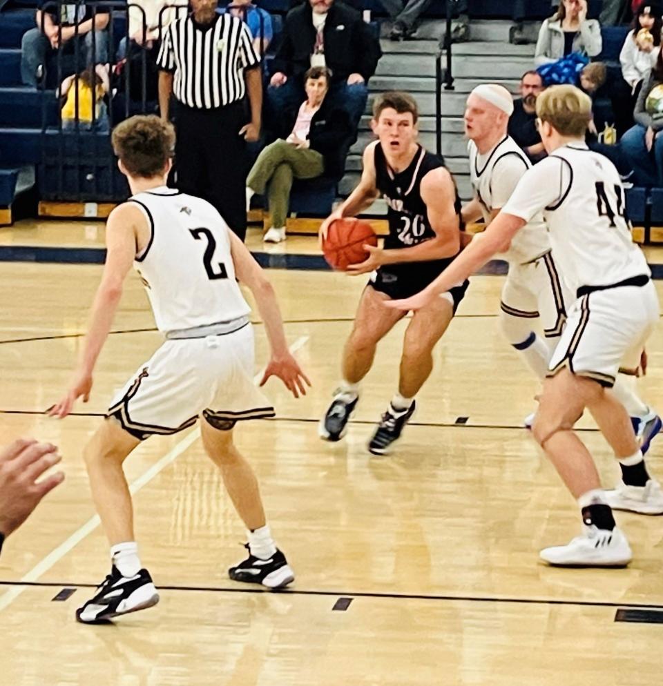 Fairfield Union senior Caleb Schmelzer finished with 23 points, 16 rebounds and eight assists in the Falcons' 62-58 Mid-State League-Buckeye Division loss against Teays Valley on Saturday night, Dec. 16, 2023.