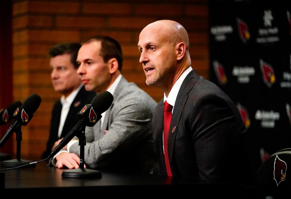 General manager Monti Ossenfort introduces Jonathan Gannon as the new head coach of the Arizona Cardinals during a news conference at the Cardinals training facility in Tempe on Feb. 16, 2023.