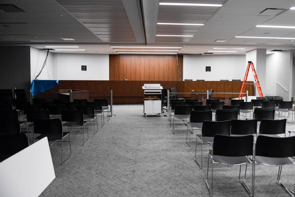 The Greenville County Council chambers are seen in the new government building on the corner of Church Street and University Ridge on Thursday, March 9, 2023.