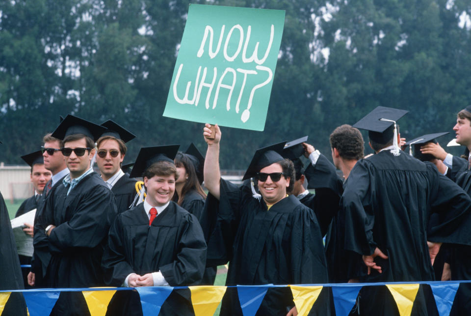 UCLA graduate holding up Now What? sign at graduation ceremony (Photo by: Joe Sohm/Visions of America/Universal Images Group via Getty Images)