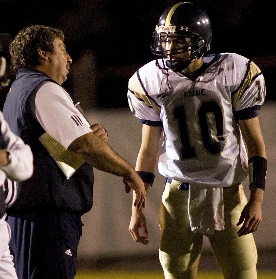 Elmira Notre Dame coach Mike D'Aloisio talks to quarterback Joe Thurber during a sectional semifinal win over Sidney in 2008.