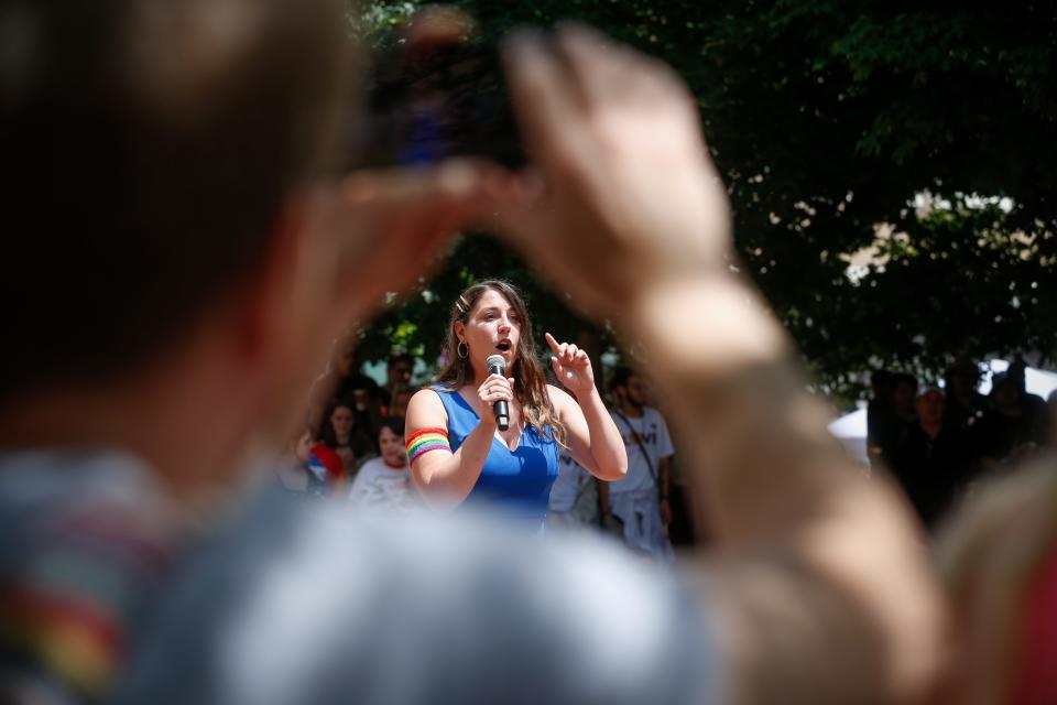 Missouri House Minority Leader Crystal Quade speaks during Ozarks Pridefest at Park Central Square on Saturday, June 10, 2023.