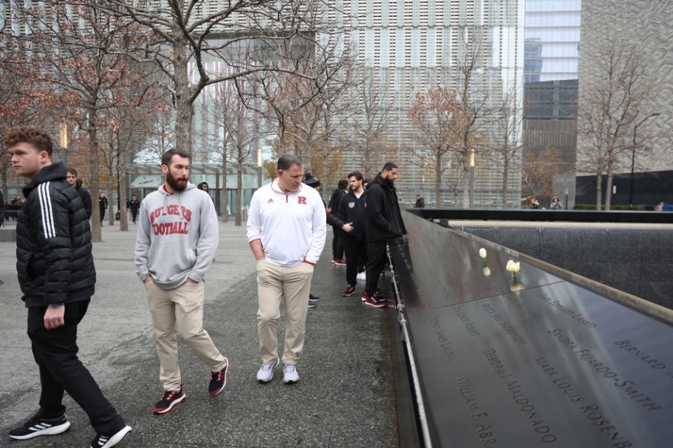 Rutgers football and the Miami Hurricanes visit One World Observatory and then visited the 9/11 Memorial and Museum. Photos via the New York Yankees and the Bay Boy Mowers Pinstripe Bowl.