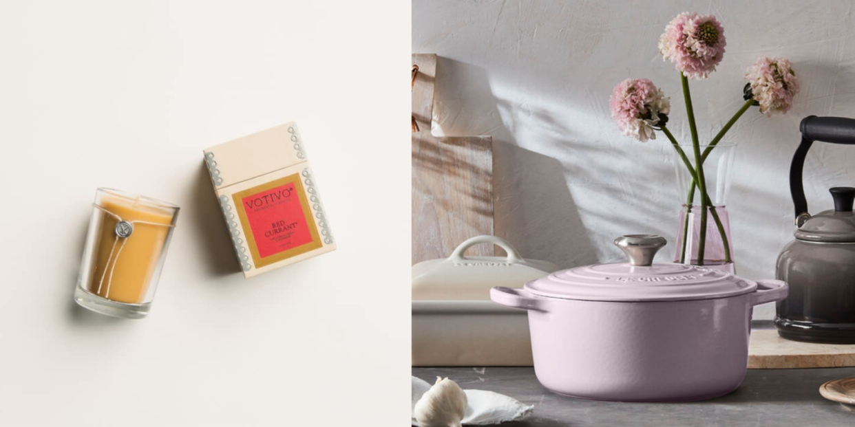 vitivo candle in a glass jar next to a votivo box with a red label on it and light pink dutch oven sitting on a kitchen counter