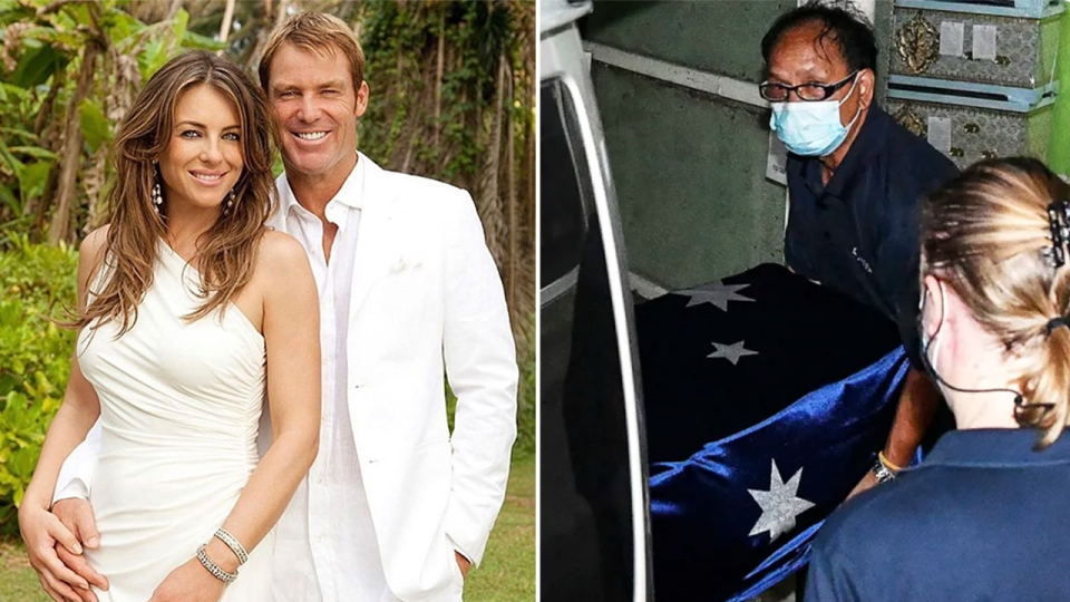 Liz Hurley and Shane Warne (pictured left) posing for a photo and (pictured right) Shane Warne's coffin.