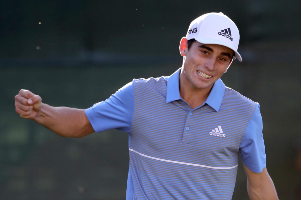 Joaquin Niemann of the Chile celebrates on the 18th green after winning A Military Tribute at The Greenbrier on Sunday in West Virginia.