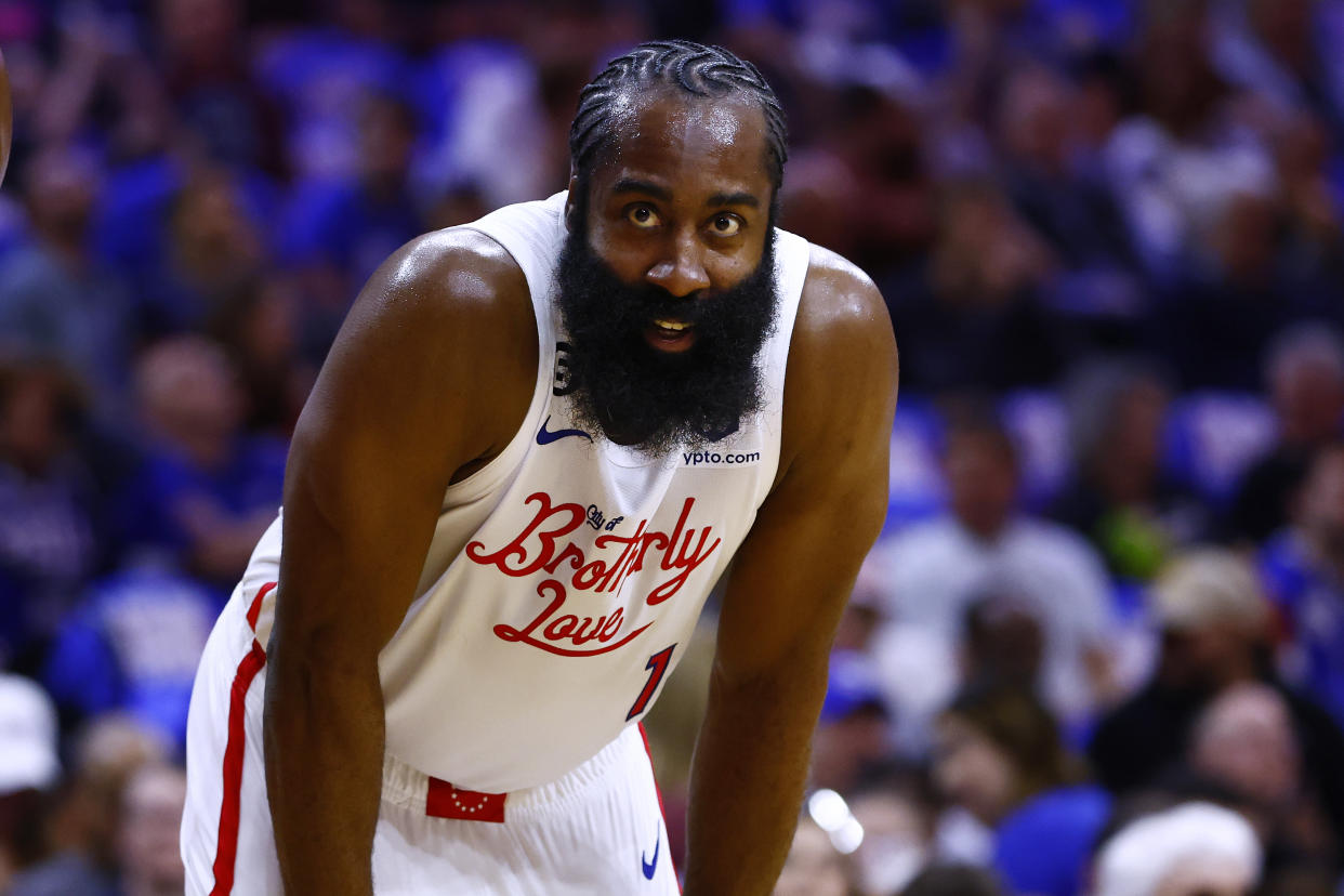 PHILADELPHIA, PA - APRIL 06: James Harden #1 of the Philadelphia 76ers in action against the Miami Heat during a game at Wells Fargo Center on April 6, 2023 in Philadelphia, Pennsylvania. The Heat defeated the 76ers 129-101. NOTE TO USER: User expressly acknowledges and agrees that, by downloading and or using this photograph, User is consenting to the terms and conditions of the Getty Images License Agreement. (Photo by Rich Schultz/Getty Images)