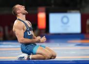 <p>USA's David Taylor wins gold against Hassan Yazdani of Iran during the Men's Freestyle 86kg wrestling final match on August 5.</p>