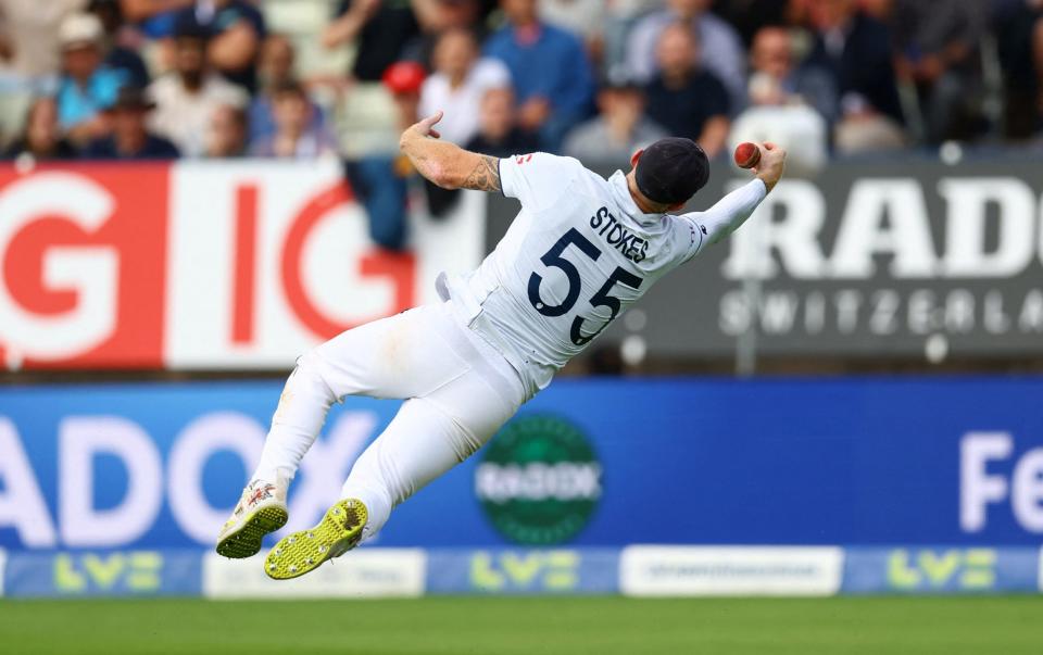 England&#39;s Ben Stokes drops a catch from Australia&#39;s Nathan Lyon off the bowling of Stuart Broad