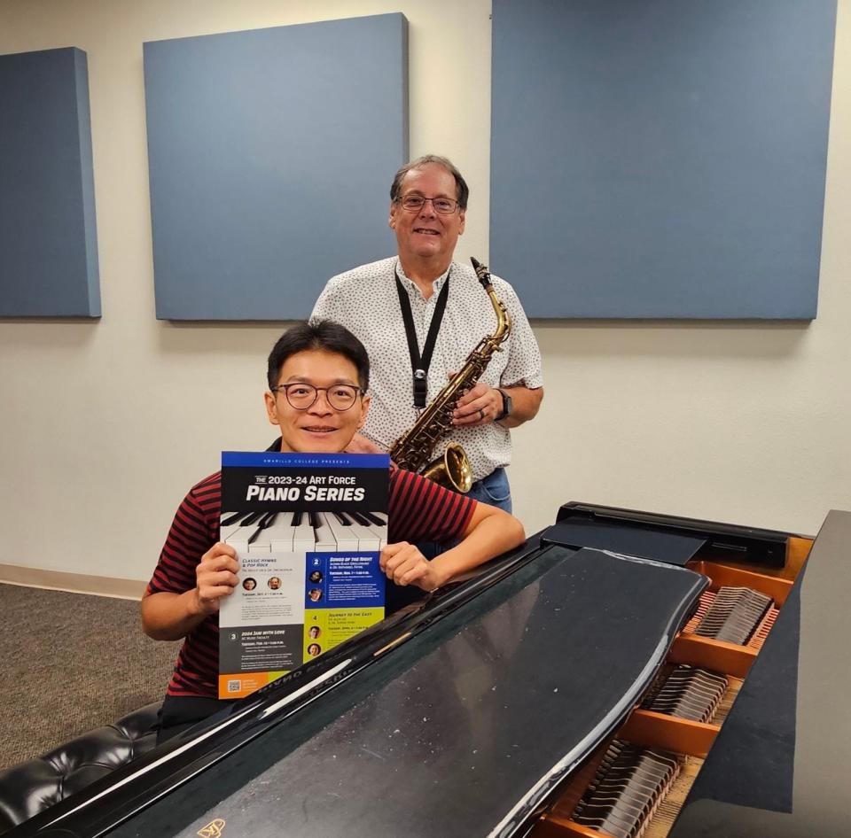 Dr. Bruce Lin (seated) and Dr. Jim Laughlin (standing) prepare to kick off the Art Force Piano Series, with “Classic Hymns and Pop Rock” on Tuesday evening at the Concert Hall Theater on AC’s Washington Street Campus.