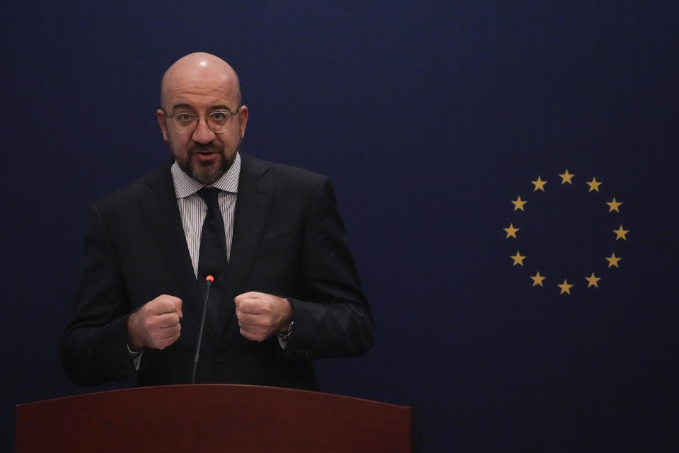 European Council President Charles Michel speaks during a press conference at the European Union Delegation to China compound after meeting with Chinese President Xi Jinping and Premier Li Qiang in Beijing, Thursday, Dec. 7, 2023. (AP Photo/Andy Wong)
