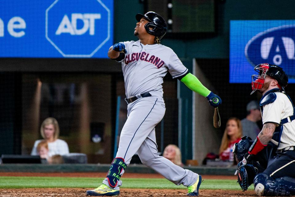 Cleveland Guardians' Jose Ramirez swings at a pitch July 15 against the Texas Rangers in Arlington, Texas.