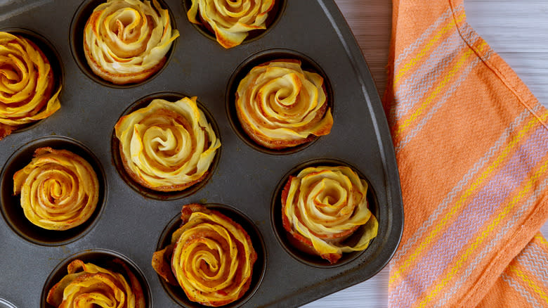 potato roses in a muffin tin