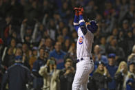 Chicago Cubs' Christopher Morel celebrates at home plate after hitting a solo home run in his first major league at bat during the eighth inning of a baseball game against the Pittsburgh Pirates Tuesday, May 17, 2022, in Chicago. Chicago won 7-0. (AP Photo/Paul Beaty)