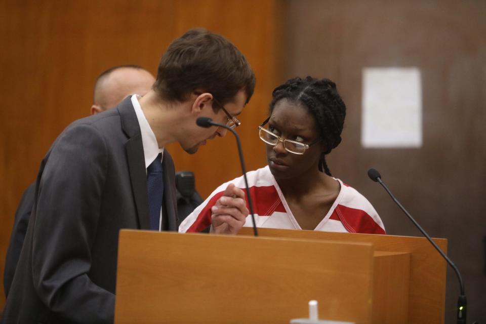 Bryasia Love, 26, and her attorney Gregory Lebens-Higgins confer as she was being arraigned in Rochester City Court on charges of second-degree murder and second-degree assault, both felonies.  She is accused of physically abusing her two children, ages one and two-years-old.  The one-year-old, A’mias Love, died as a result of his injuries.