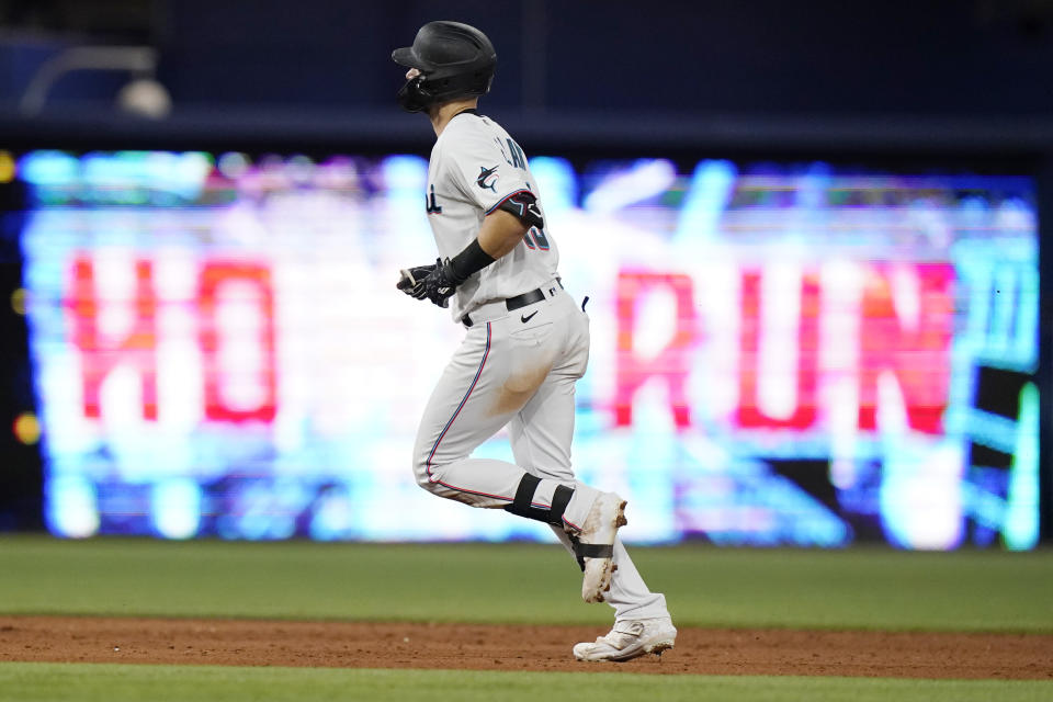 Miami Marlins' Charles Leblanc runs the bases after hitting a two-run home run during the eighth inning of a baseball game against the Chicago Cubs, Monday, Sept. 19, 2022, in Miami. (AP Photo/Lynne Sladky)